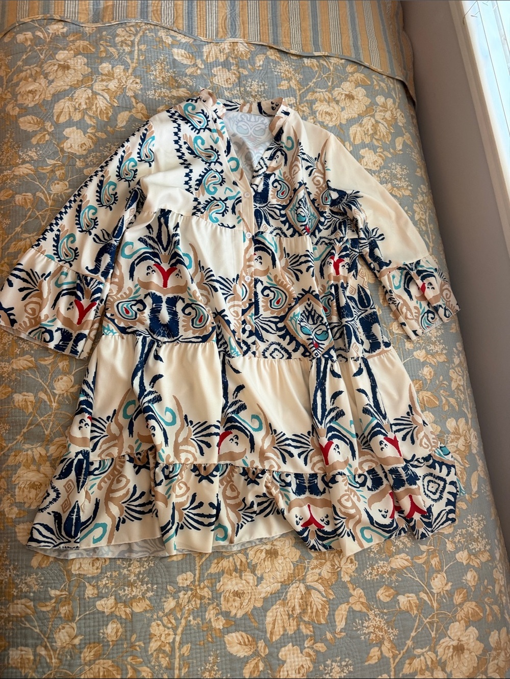 Women’s Cream Midi Dress with Blue & Teal Print